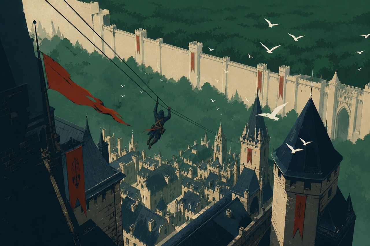 Illustration: a figure swinging on twin cables between the rooftops of a walled city at dusk.